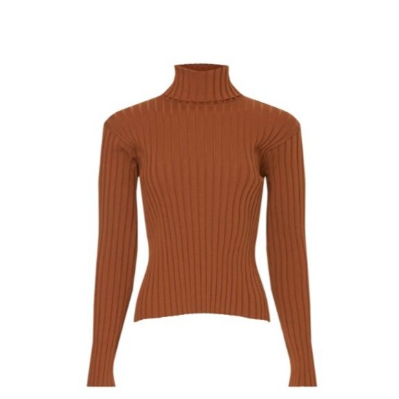 Atlein Collective Brown Mock Neck Strettch Ribbed Pullover Knitted Sweater M - Picture 2 of 12